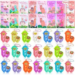 Valentines Day Gifts for Kids,24 PCS Valentines Cards for Kids Classroom with Llama Pop Fidget Toys,Valentines Exchange Gifts for Kids Classroom,Valentines Party Favors Classroom Prizes