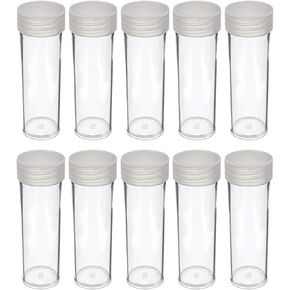 (10) Edgar Marcus Brand Round Clear Plastic (Nickel) Size Coin Storage Tube Holders with Screw on Lid