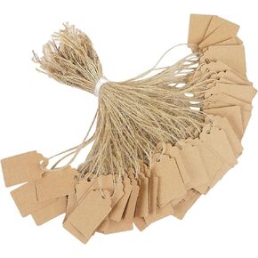 Uniclife 200 Pcs Price Tags with String Attached Writable Brown Kraft Paper Tags with Jute Twine Hang Tags Price Display Labels for Clothing Jewelry Blank Merchandise Marking Tags, 1.38" x 0.87"