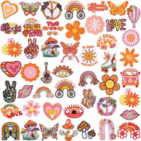 Tigeen 48 Pcs Groovy Retro Hippie Chenille Iron on Patches Vintage Boho Iron on Embroidered Patches Bulk for Hats Clothes Sew on Applique DIY Accessory for Backpack Pants Jeans