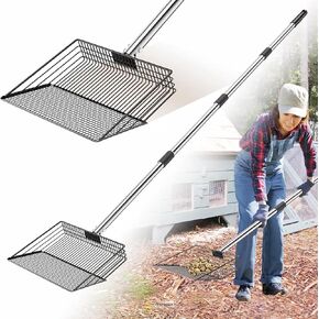 Chicken Poop Scooper, Large Stainless Steel Coop Scoop, Adjustable 63-inch Long Handle Metal Litter Scoop, Chicken Coops Shavings Shovel Cleaning Tool, Heavy Duty Sand Sifter Shovel Rake