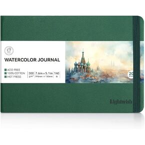 Lightwish Watercolor Journal, 100% Cotton Hot Press Art Supplies Watercolor Paper7.6" x 5.1", 20 Sheets (140lb/300gsm), Acid-Free for Watercolors, Gouache, Acrylics