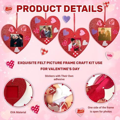 Laiamer Valentine's Day Picture Frame Kits for Kids - 124 pcs محسوسات القلب الحلي مع 100 جهاز كمبيوتر شخصي - DIY صور إطار القلب على شكل قلب عيد الحب الزخرفة المعلقة in Kuwait