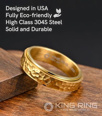 King Ring 6mm Hammered Spinner Ring – Fidget Ring for Stress Relief Stainless Steel Ring for Men & Women – Designed in USA in Kuwait