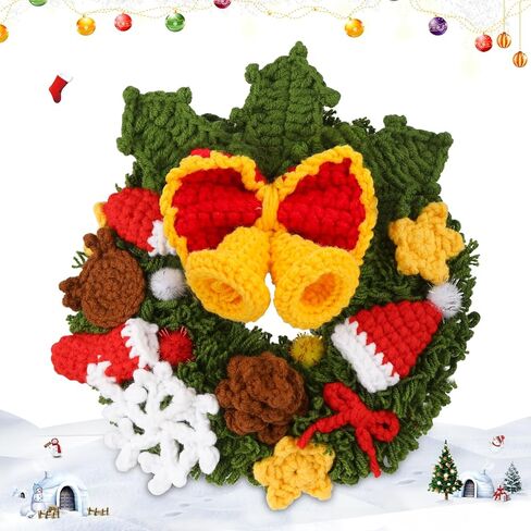 Pnytty Christmas Wreath Crochet Crochet Kit for Beginners, Starters Kit, Complete Wreath Craft Knitting Kit with Crochet Hooks Yarns with Step-by-Step Video Tutorials for DIY Gift Deco in Kuwait