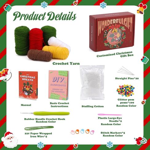 Pnytty Christmas Wreath Crochet Crochet Kit for Beginners, Starters Kit, Complete Wreath Craft Knitting Kit with Crochet Hooks Yarns with Step-by-Step Video Tutorials for DIY Gift Deco in Kuwait