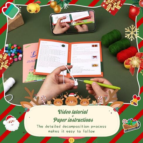 Pnytty Christmas Wreath Crochet Crochet Kit for Beginners, Starters Kit, Complete Wreath Craft Knitting Kit with Crochet Hooks Yarns with Step-by-Step Video Tutorials for DIY Gift Deco in Kuwait