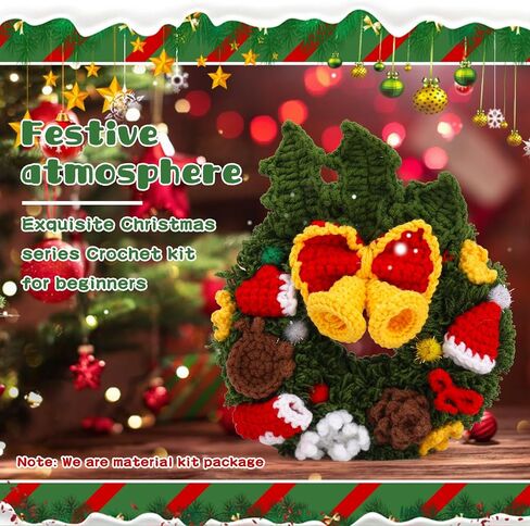 Pnytty Christmas Wreath Crochet Crochet Kit for Beginners, Starters Kit, Complete Wreath Craft Knitting Kit with Crochet Hooks Yarns with Step-by-Step Video Tutorials for DIY Gift Deco in Kuwait