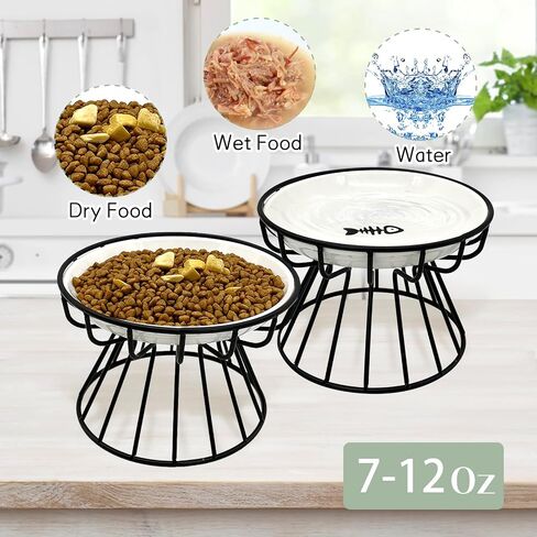 BNOSDM 2 Pcs Raised Cat Food Bowls, Shallow Ceramic Cat Dishes with Metal Stands Elevated Pet Feeder Dry/Wet Food for Indoor Kitten Kitty in Saudi Arabia