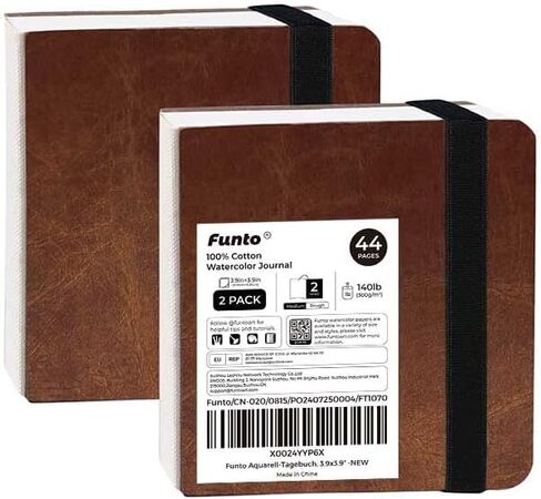 Funto Watercolor Journal 2-Pack, 3.9x3.9, 44 Pages Each,Cold-Pressed 100% Cotton, Pearlescent PU Leather Brown Hard Cover, Removable Elastic Band, Art Supplies for Watercolor & Mixed Media in Kuwait