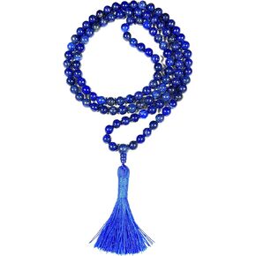 Crystal Mala Beads Necklace Reiki Healing Gem Stones Blessed & Energized Handmade 108 Buddhist Prayer Beads Buddha Beaded Necklaces Yoga Meditation Jewelry - w/ Velvet Pouch ( Lapis Lazuli, 8 mm )