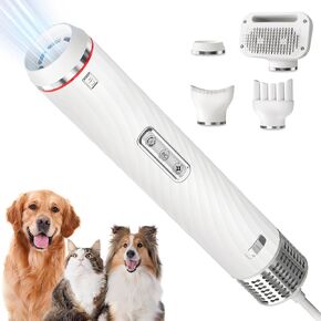 Dog Dryer, Dog Grooming Blow Dryer Kit with Slicker Brush for Pet, High Velocity Blow Dryer for Dogs with Adjustable Speed and Temperature for Dog Grooming Supplies and Home Use, White