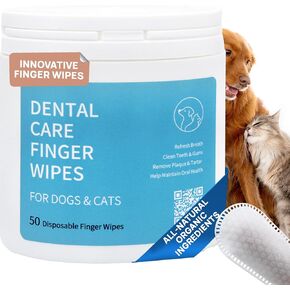 Spanielbuns Dog Dental Wipes for Cats & Dogs Teeth Cleaning - Dog Breath Freshener, Tartar Remover, All Natural Ingredients Dog Dental Care, 50ct Pre-Soaked Finger Toothbrush Wipes, No Hard Toothbrush