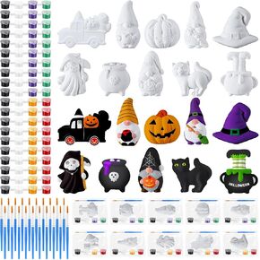 20 Set Halloween DIY Painting Kit Ceramic to Paint Your Own Pumpkin Gnomes Witch Hat Cat Ghost Statues Unpainted Plaster Figurines Brushes Acrylic Paints Bags Party Favor for Kids Adults