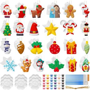 Hollowfly 24 Set Christmas Ceramic Ornaments to Paint Xmas DIY Painting Kit Paint Your Own Snowman Santa Xmas Tree Statues Unpainted Plaster Craft with Brush Palette Paint for Boys Adult Girls