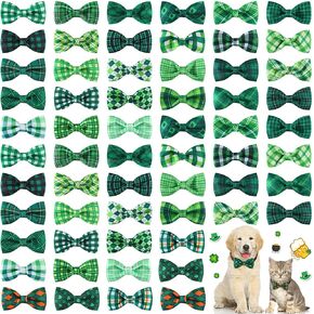 Silkfly 60 Pcs St Patrick's Day Plaid Dog Collar Bow Ties Bulk St Patrick's Puppy Bowtie Holiday Dog Accessories Grooming Supplies Detachable Collar Charms for Small Medium Large Dogs Cat