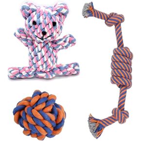 SunGrow Cotton Rope Knot Puppy Chews, 4.5" Tough Teething Chewable Teddy Bear, 2.5" Rope Ball and, 12" Durable Oral Chew Rope, Handwoven for Small Breeds Dog, Massage Teeth, Gums, Random Color, 3 Pcs