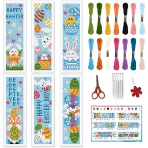 INFUNLY 6pcs Easter Themed Cross Stitch Bookmark Kits for Adults Beginners 8''x2.4'' DIY Rabbits Stamped Embroidery Bookmark Kits with Instruction Eggs Needlepoint Bookmark Kits for Easter Day Gifts