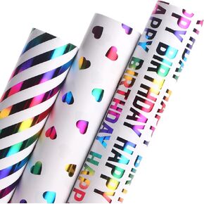 Ribbli Birthday Wrapping Paper Iridescent Gift Wrap Mini Roll, 3 Rolls Happy Birthday Heart Stripes Printed for Girls Kids - 17 inch x 120 inch(10feet) Per Roll