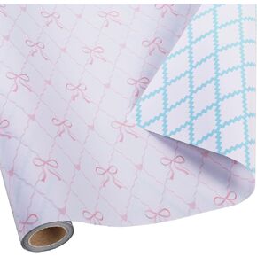 BIOBROWN Reversible Baby Shower Wrapping Paper Roll - 17 Inches X 33 Feet (47 sq. ft. ttl.) - Pink Bows & Blue Quilted Diamond Design for Neutral Birthday, Baby Shower, Boys Girls Kids