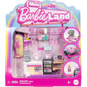 Barbie Mini Barbieland Bakery Bakery Playet مع دمية مقاس 1.5 بوصة ومحطة صانع القهوة وعرض المعجنات ومنطقة جلوس للعب رواية القصص