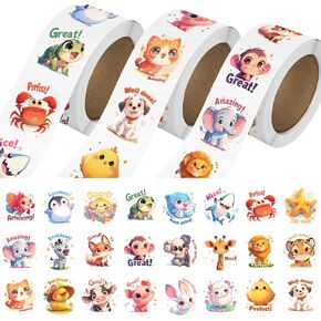 3 Rolls Animal Stickers for Kids, 1500 PCS Kids Stickers Bulk for Toddlers 2-4, 24 Designs Farm/Ocean/Wild Toddler Stickers with Motivational Words for Kids Reward, School Supplies (1.0 Inch)