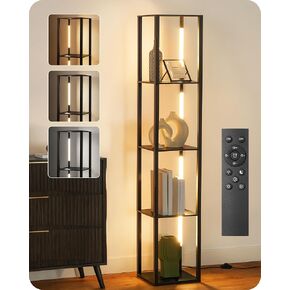 Corner Floor Lamp with Shelves, Modern LED Display Shelf with Light & Remote, Stepless Dimmable Standing Tall Lighting for Living Room, Bedroom, Home Office, Adjustable CCT, Black B51LD05