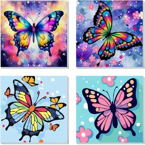 Reivworl 4 Pack Paint by Numbers Kit for Kids with Frame, Butterfly Kids Paint by Number Kits, Kids Paint by Number Kits Age 5-8-12 for Gifts and Home Decor (8X8Inch)