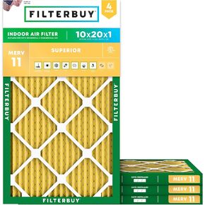 Filterbuy 10x20x1 Air Filter MERV 11 Allergen Defense (4-Pack), Pleated HVAC AC Furnace Air Filters Replacement (Actual Size: 9.50 x 19.50 x 0.75 Inches)