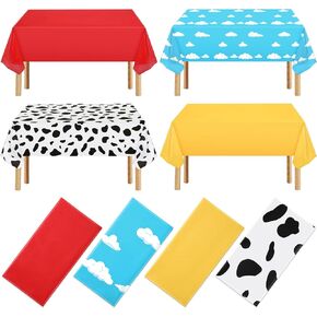 NOVWANG Kids Story Tablecloth, 4 Pack Blue Sky White Cloud Tablecloth Mix Color Toy Inspired Tablecloth Disposable Cow Table Covers for Cartoon Party Decorations Baby Shower Birthday Supplies