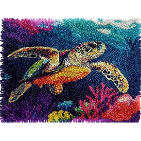 Sea Turtle and Fish Coral Latch Hook Rug Kits Colorful Printed Crochet Yarn DIY Hooking Latch Kit Carpet Rug Cover Mat for Christmas Chair Cushion Floor Decor 52x38cm(2)