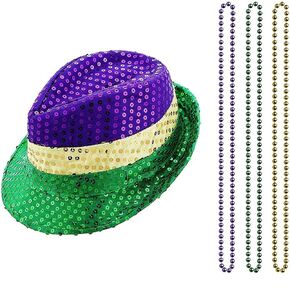 Carnival Sequined Party Accessory, Mardi Gras Fedora Hat and Necklace Costume Accessories, Party Favor