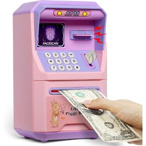 ATM Electronic ATM BANK SAFE للأطفال ، وهدايا للفتيات عملة ، آلة توفير المال الحقيقي مع تذكير الصوت التذكير وجه كلمة المرور