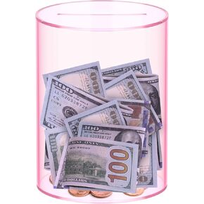 Clear Piggy Bank for Adults Must Break to Open, Unopenable Acrylic Savings jar, Size 6.5" H x 5" Diameter (Pink)