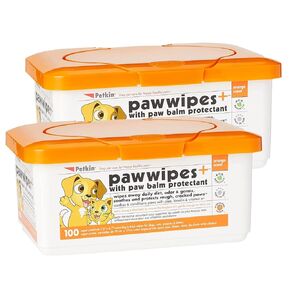 Petkin Paw Wipes Plus ، 200 مناديل معطرة برتقالية ، 2 حزمة - مناديل Pet Pet oussorbbent إزالة الأوساخ اليومية والروائح - المخصب مع Paw Balm Protrayant - سليمة لاستخدام مناديل الحيوانات الأليفة للكلاب والقطط والجرى والسيتينس in Kuwait