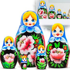 Russian Nesting Dolls Set of 5 pcs - Matryoshka Doll with Hand Painted Rose Flowers - Russian Doll with Rose Decorations - Rose Decor - Folk Art Dolls