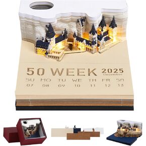 3D Calendar 2025,Time Piece Calendar With LED Lights, Paper Sculpture Art Memo Pad Notepad Christmas Desktop Decoration Gift (Magic Castle A)