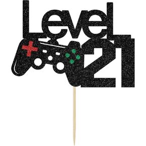 Black Glitter Level 21 Cake Topper - Level Up 21st Birthday Cake Topper - Happy 21st Birthday, 21 Year Old for Gamer Theme Party Decorations