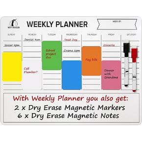 Weekly Calendar Whiteboard for Refrigerator - Magnetic Planner Dry Erase 11 x 14 in with 2 Dry Wipe Off Markers and 6 Magnetic Labels - Magnet Calendar White Board for Fridge, Home and Office