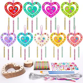 9 Pcs Valentine's Day Heart Wind Chime Kit, DIY Heart Wind Chimes Wooden Ornaments for Kids, Art and Craft for Party Decoration