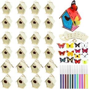 Outus 24 Pcs Wooden Birdhouse Craft Kits for Kids to Build, 4 Shapes Birdhouse Kit Wooden Unfinished with Watercolor Pen and Butterfly Sticker for Boy Girl Arts Crafts (Vintage,3.54 x 2.2 x 4.2 inch)