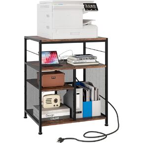Printer Stand, Large Printer Table Cabinet with Adjustable Storage Shelf Power Outlet, 4 Tier Stand for Home Office, Black/Rustic Brown