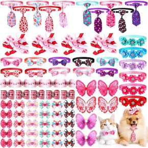 Reginary 70 Pcs Dog Bow Ties Pet Cat Dog Collars Neckties Set Adjustable Puppy Neck Tie Holiday Flower Heart Butterfly Rhinestone Dog Bows Grooming Accessories for Puppy Cat Dog Supplies