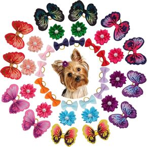36 Pcs Dog Bows Puppy Kitten Hair Bowknots with Rubber Band Flower Pearls Butterfly Top Knot Pets Dogs Cats Grooming Accessories for Christmas Party Birthday