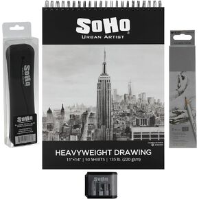 Jerry's Artarama Back to School Graphite Artist Drawing Bundle - Silicone Notebook Pencil Pouch, Raffine 6-Piece Graphite Pencil Set, 11x14" Spiral Bound 135 lb. Drawing Pad & 3-Hole Pencil Sharpener