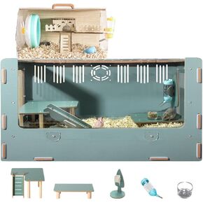 Hamster Cage Chewproof,Large Hamster Cages and Habitats,Wooden Hamster Cages,Openable Top with Acrylic Sheets,Split Design,Equip Hamster Travel Portable Carrier Cage (16"x12"x10")