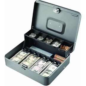 MMF Industries STEELMASTER Tiered Tray Cash Box | 11.81" W x 3.18" H x 9.43" D | 10 Compartments | Tiered Tray Design | Recessed Handle | Secure Cam Lock | Steel Construction
