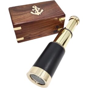 Vintage 6'' Handheld Functional Brass Telescope with Wooden Box Pirate Spyglass for Travellers, Adventure Enthusiasts Sailor Ship Home Decor