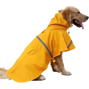 Large Dog Raincoat Adjustable Pet Water Proof Clothes Lightweight Rain Jacket Poncho Hoodies with Strip Reflective,Yellow(L)