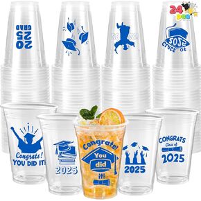JOYIN 24 Pcs 16OZ Graduation Party Plastic Cups (Blue), 24 Designs Disposable Cups for Class of 2025 Graduates, Tableware Bulk for High School College Graduation School Grad Party Supply Decor